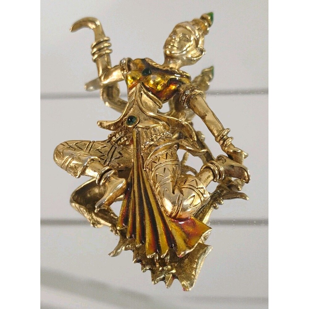 Vintage Hattie Carnegie Gold Tone Enamelled Siam Dancer Brooch Pin Needs Repair